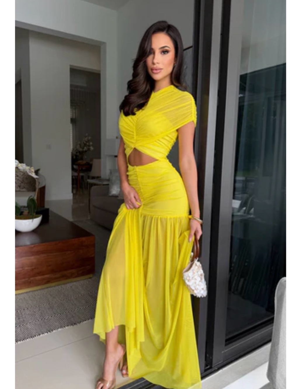Yellow Cutout Maxi Dress with Sheer Skirt